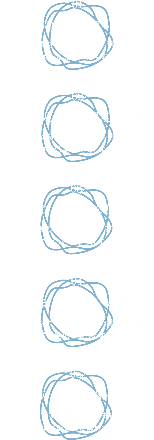 01 家族の健康を守る空気 自然素材に包まれた室内環境で、赤ちゃんの素肌にも安心。02 一年中心地よい温度と湿度 無垢材の家＋高断熱・高気密施工で快適温度を実現します。03 本物の木を五感で感じる 手触り・香り・湿度・音まで、五感で癒しを感じる住まいです。04 住むほどに味わいが増す 無垢材の家は時とともに深みが増すのが魅力。経年美化を楽しめます。05 サステナブルな家づくり 再生可能で地球の未来にも優しい、環境に配慮した素材です。